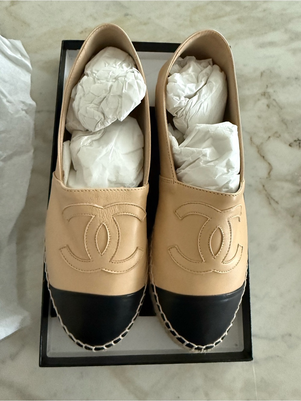 Authentic NWT CHANEL Beige and Black Leather Espadrille Flats
